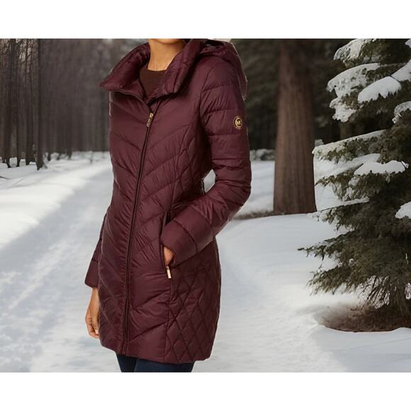 MICHAEL MICHAEL KORS Women's Quilted Down Packable Hooded Wine Puffer Coat Sz: M - Picture 1 of 9